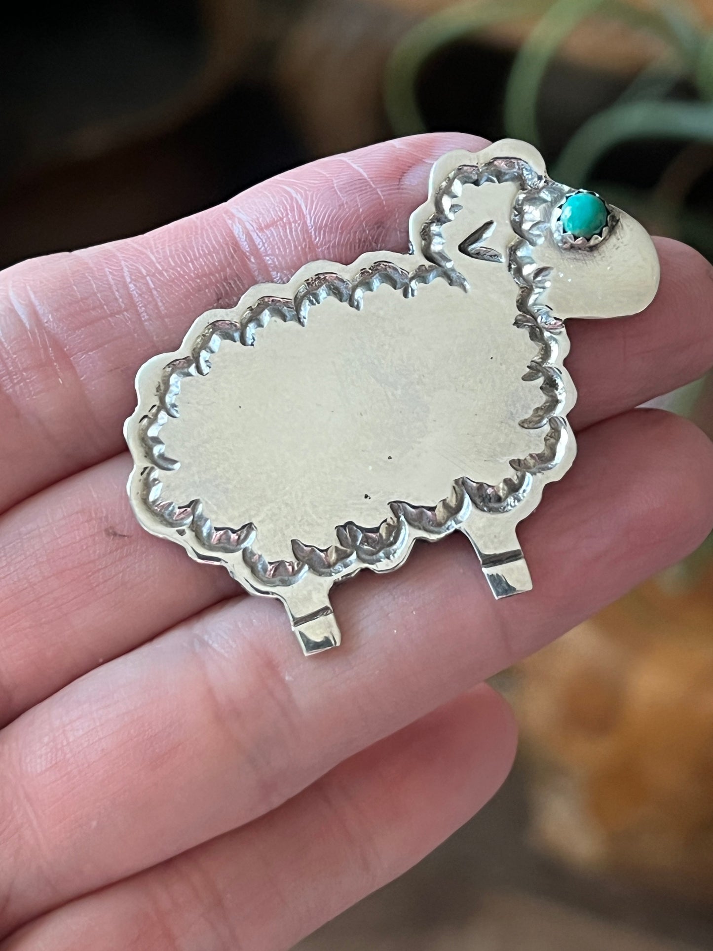 Hand Stamped Sterling Silver and Turquoise Sheep Brooch by Robby Manuelito
