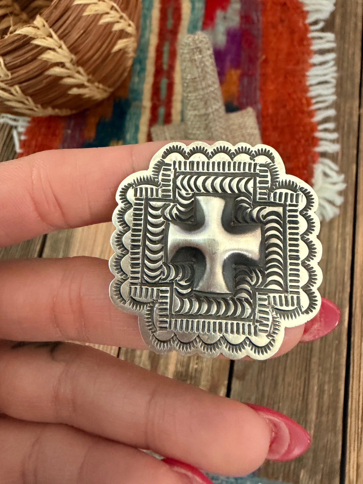 Handcrafted Sterling Silver Adjustable Cross Concho Ring by Leander Tahe