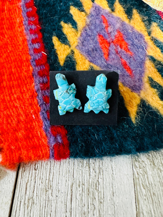 Handcrafted Hand Carved Turquoise Fetish Turtle Stud Earrings