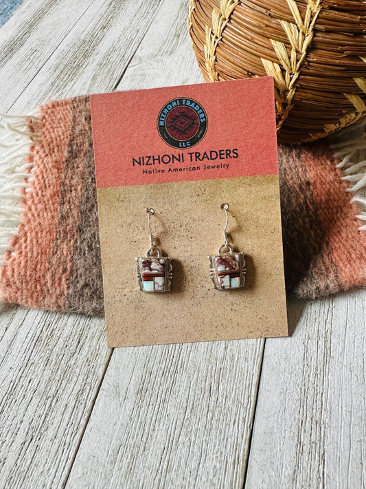 Handcrafted Sterling Silver & Multi Stone Inlay Dangle Earrings