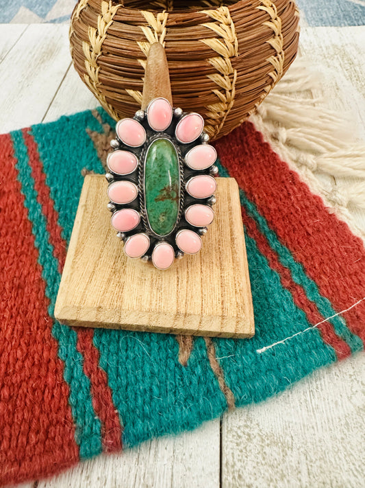 Handcrafted Sterling Silver, Queen Pink Conch Shell & Turquoise Cluster Ring Size 7