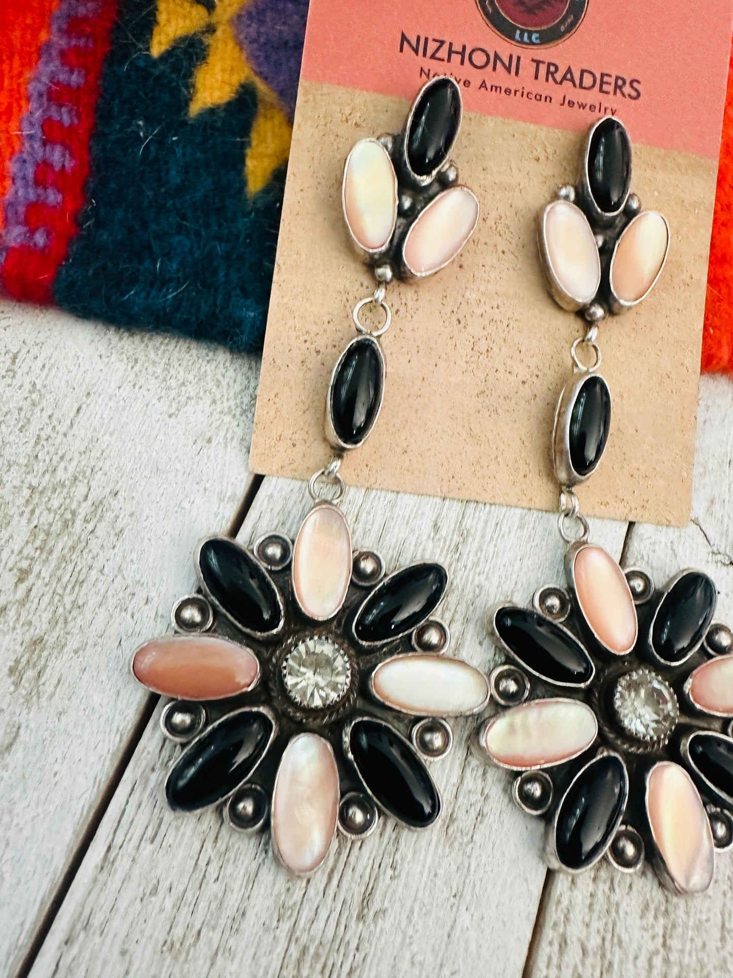 Handcrafted Mother of Pearl, Onyx & Sterling Silver Flower Dangle Earrings