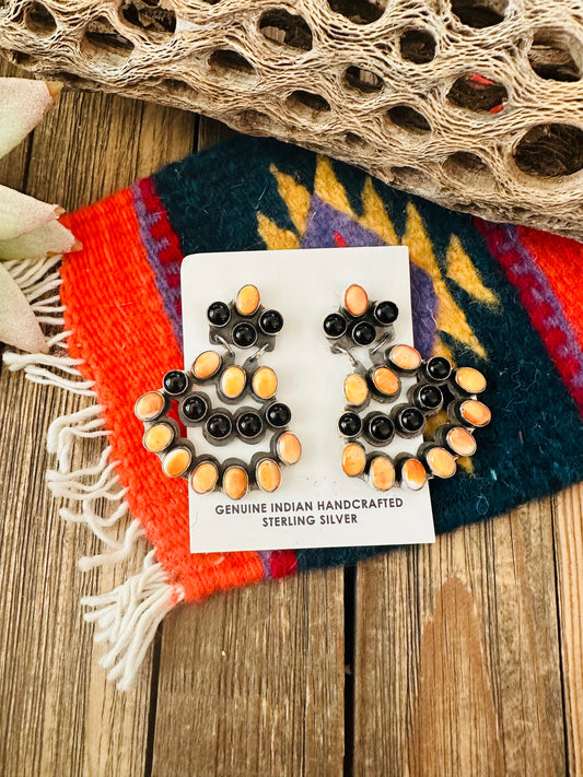 Handcrafted Onyx, Orange Spiny & Sterling Silver Cluster Dangle Earrings