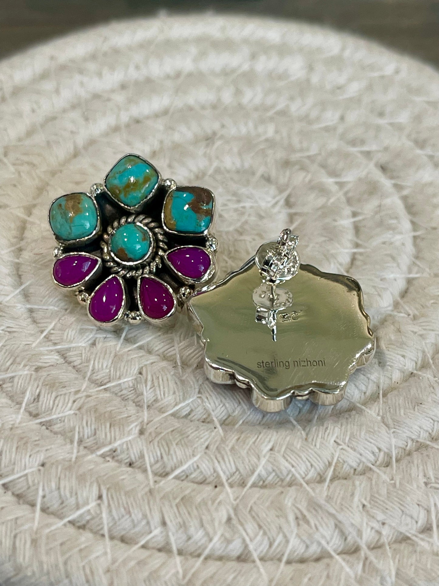 Handmade Sterling Silver, Pink Onyx and Turquoise Post Cluster Earrings