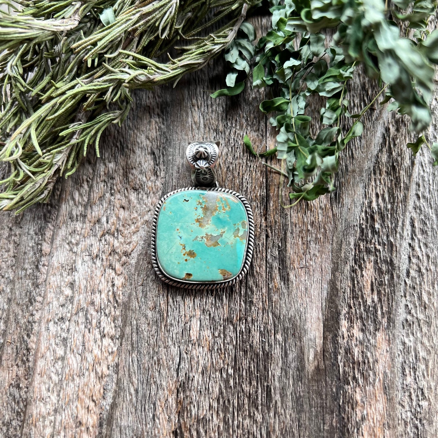 Handmade Green Turquoise Square Sterling Silver Pendant
