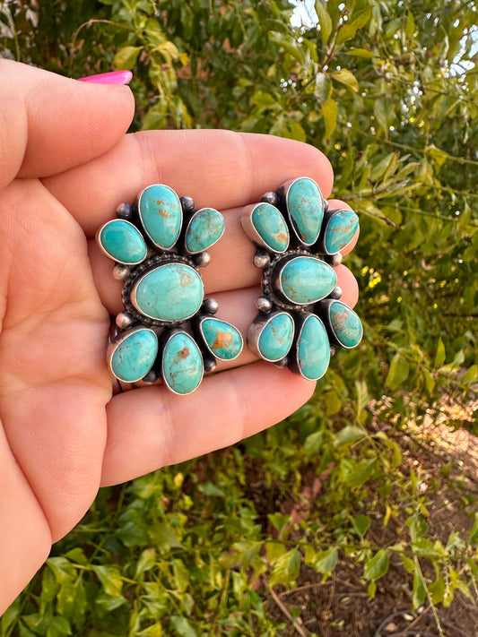 Handcrafted Sterling Silver & Turquoise Cluster Post Earrings Signed