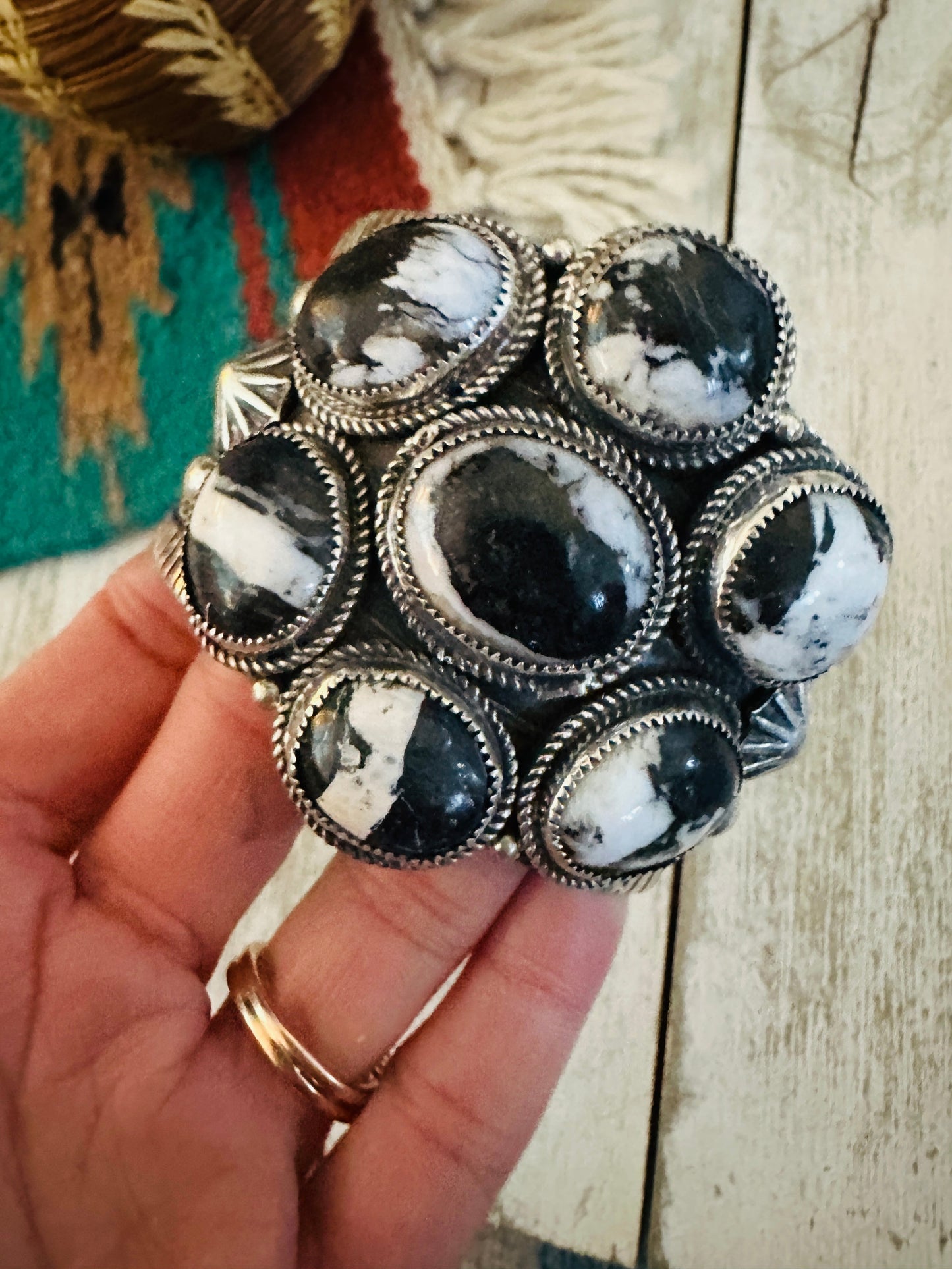 Handcrafted White Buffalo & Sterling Silver Cluster Cuff Bracelet