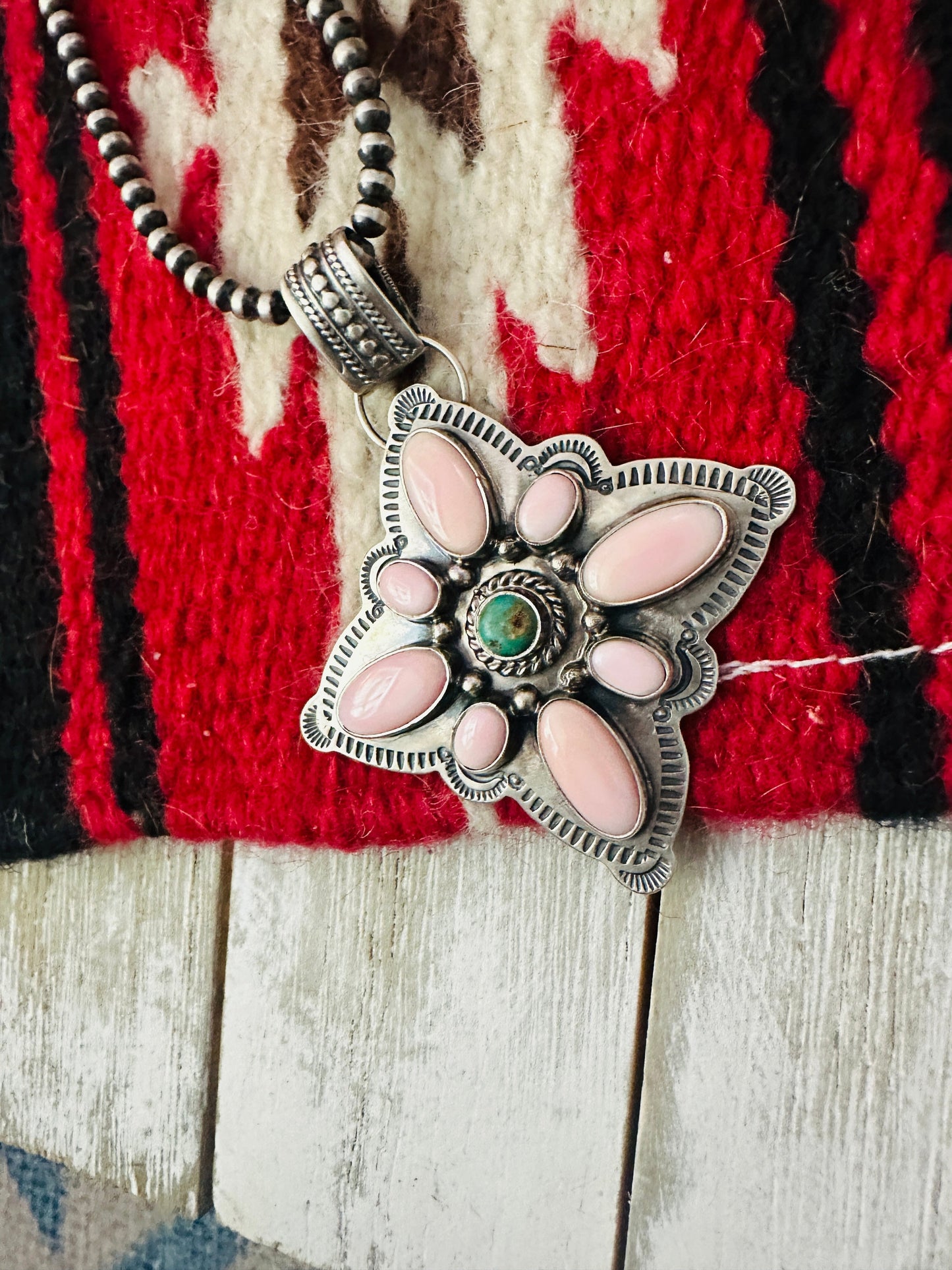 Handcrafted Sterling Silver, Queen Pink Conch & Turquoise Cluster Pendant