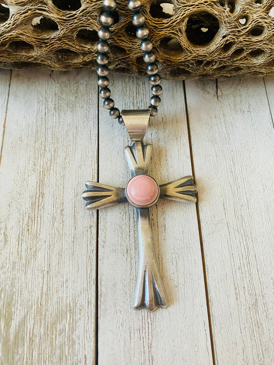 Handcrafted Queen Pink Conch Shell & Sterling Silver Cross Pendant By Chimney Butte