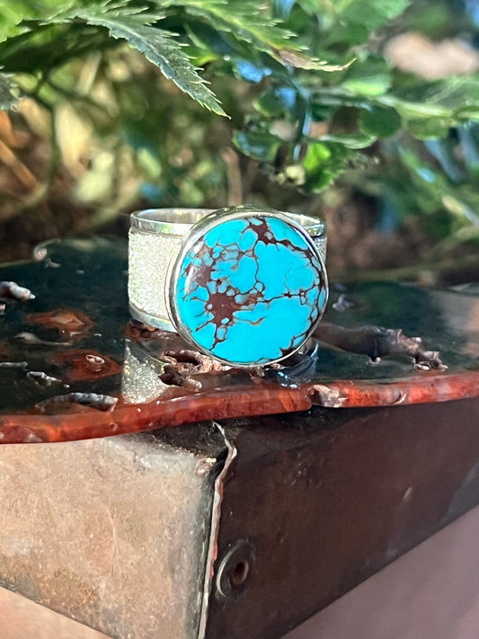 Handcrafted Sterling Silver Wide Shank Ring with Egyptian Turquoise by Shaun Rogers, Size 10.75