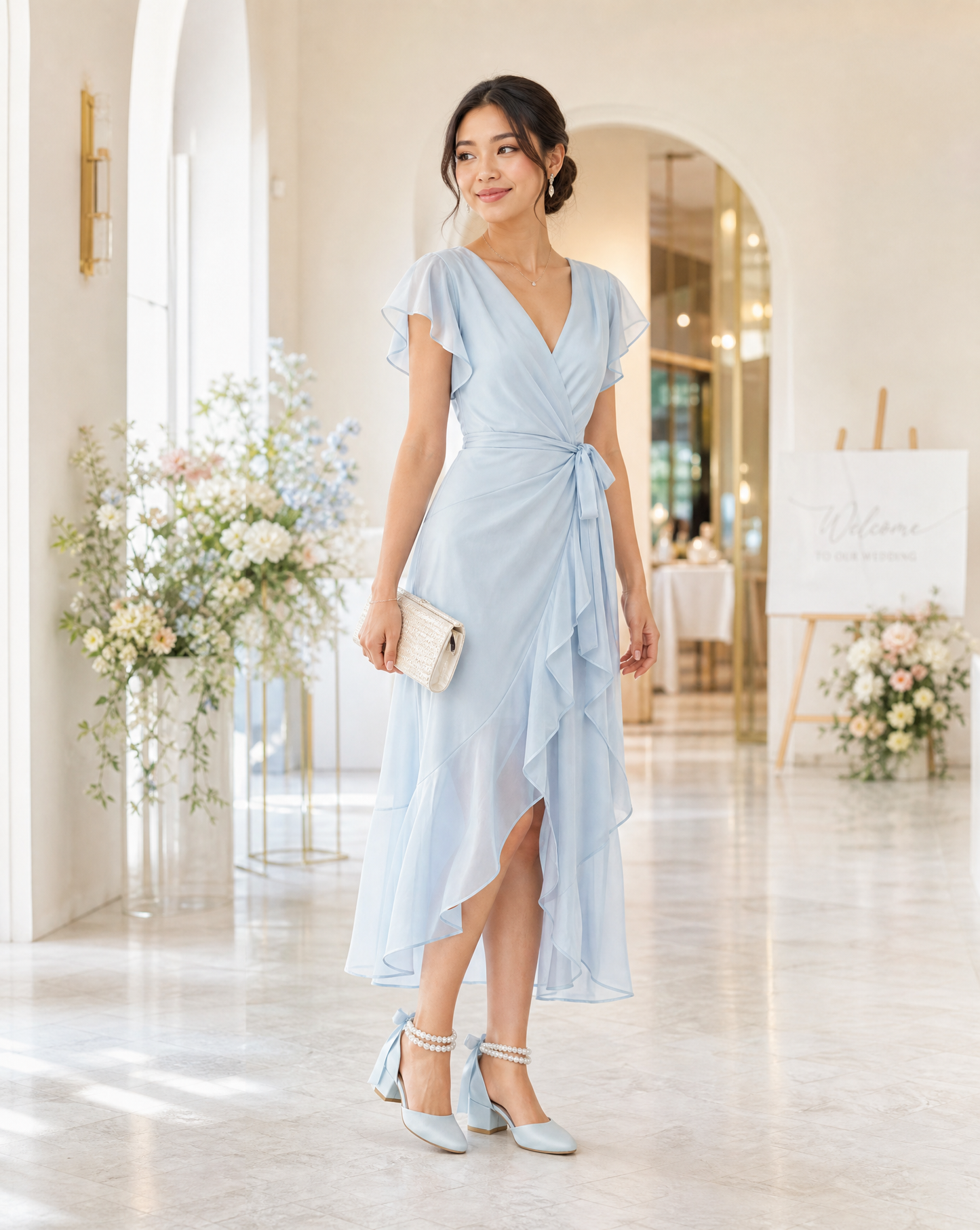 Round Toe Satin Low Block Heel with Double Pearls Ankle Strap