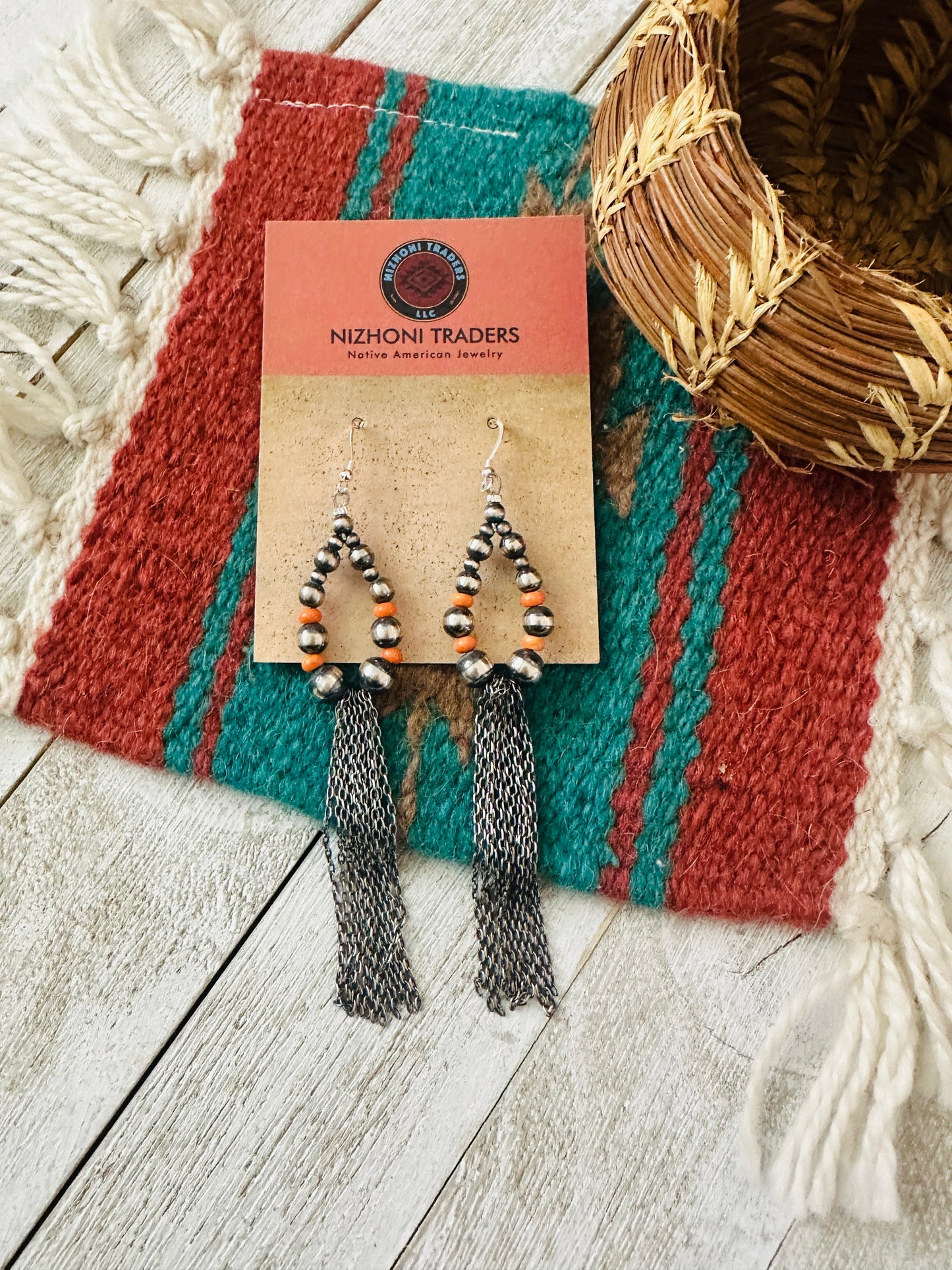 Handcrafted Orange Spiny & Sterling Silver Pearl Beaded Hoop Earrings