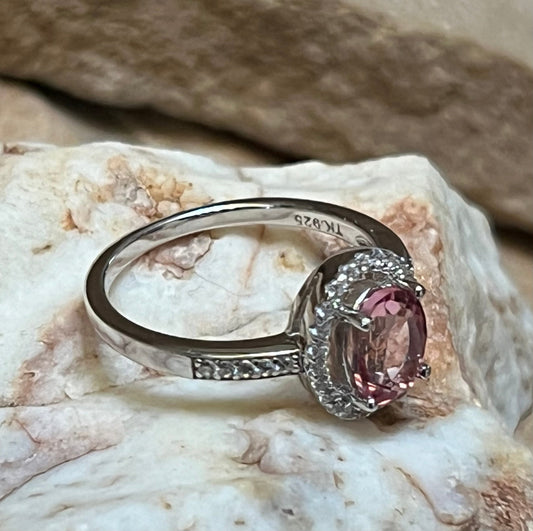 Pink Topaz & CZ Oval Shape Sterling Silver Ring Size 8