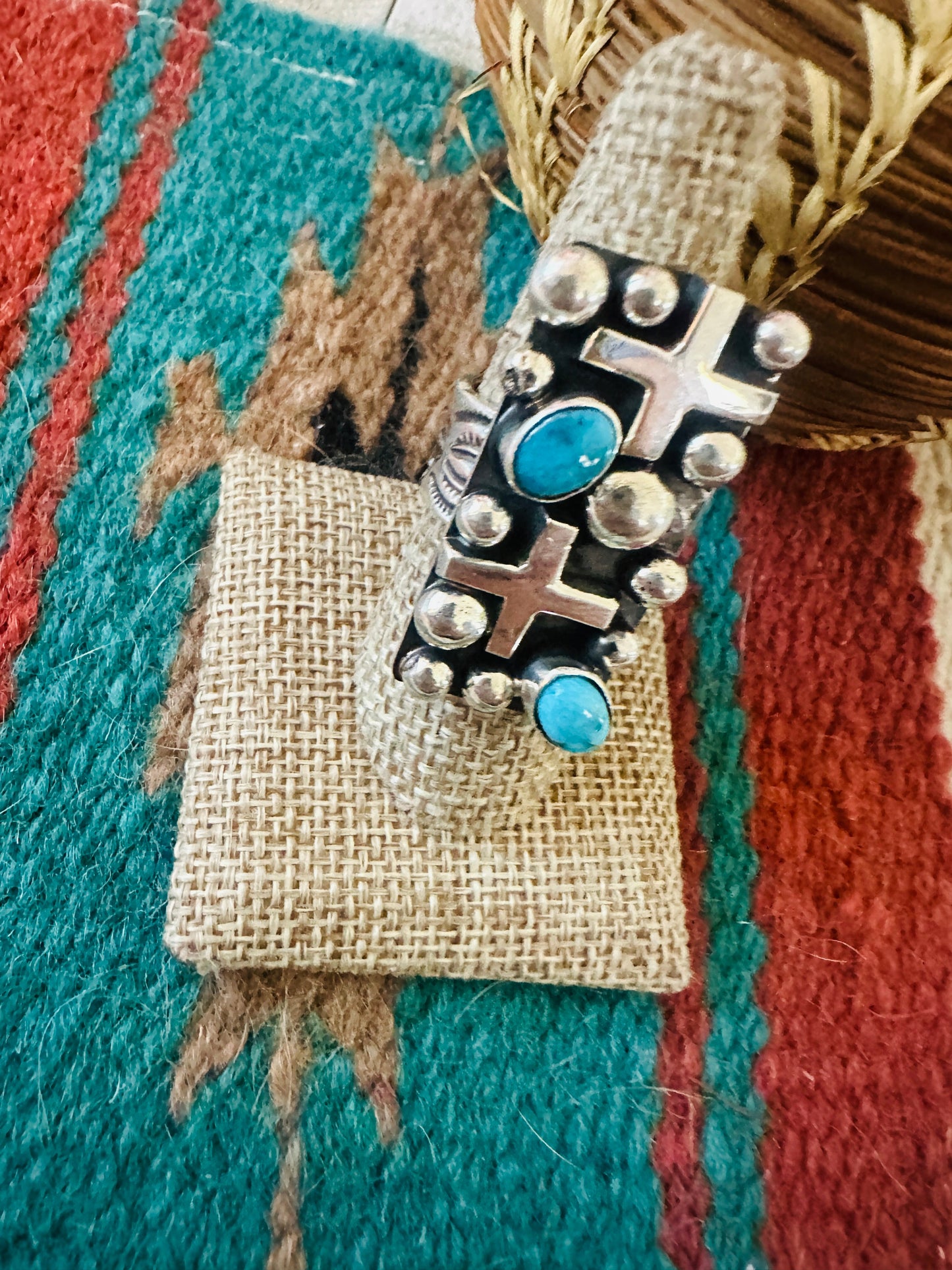 Handcrafted Turquoise & Sterling Silver Cross Ring Chimney Butte Size 8