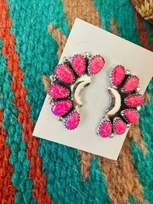 Handcrafted Pink Opal & Sterling Silver Crescent Cluster Earrings