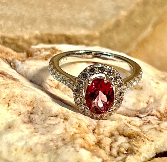 Pink Topaz & CZ Oval Shape Sterling Silver Ring Size 6