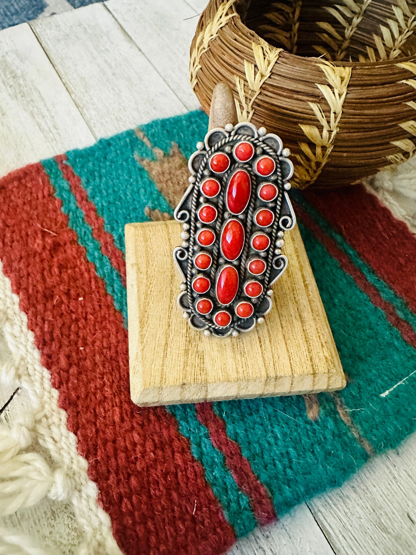 Navajo Sterling Silver and Coral Cluster Ring