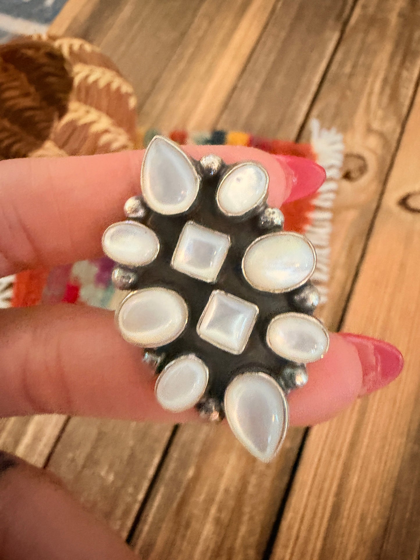 Handcrafted Mother of Pearl & Sterling Silver Cluster Ring Size 6 by Bonnie Benally