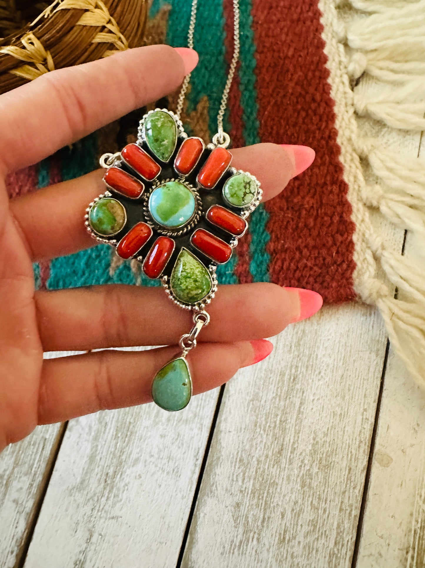 ** Christmas Collection ** Handmade Sterling Silver, Turquoise & Coral Necklace Signed Nizhoni