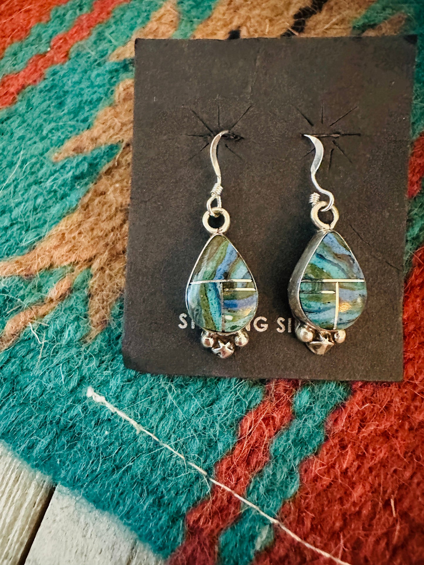 Handcrafted Rainbow Calsilica & Sterling Silver Inlay Dangle Earrings