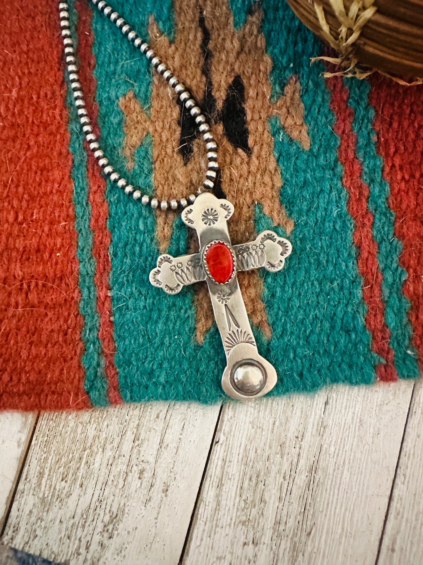 Handcrafted Red Spiny & Sterling Silver Cross Pendant