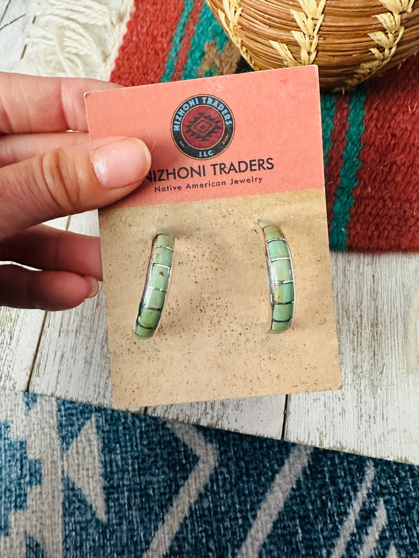 Handcrafted Turquoise & Sterling Silver Inlay Hoop Earrings