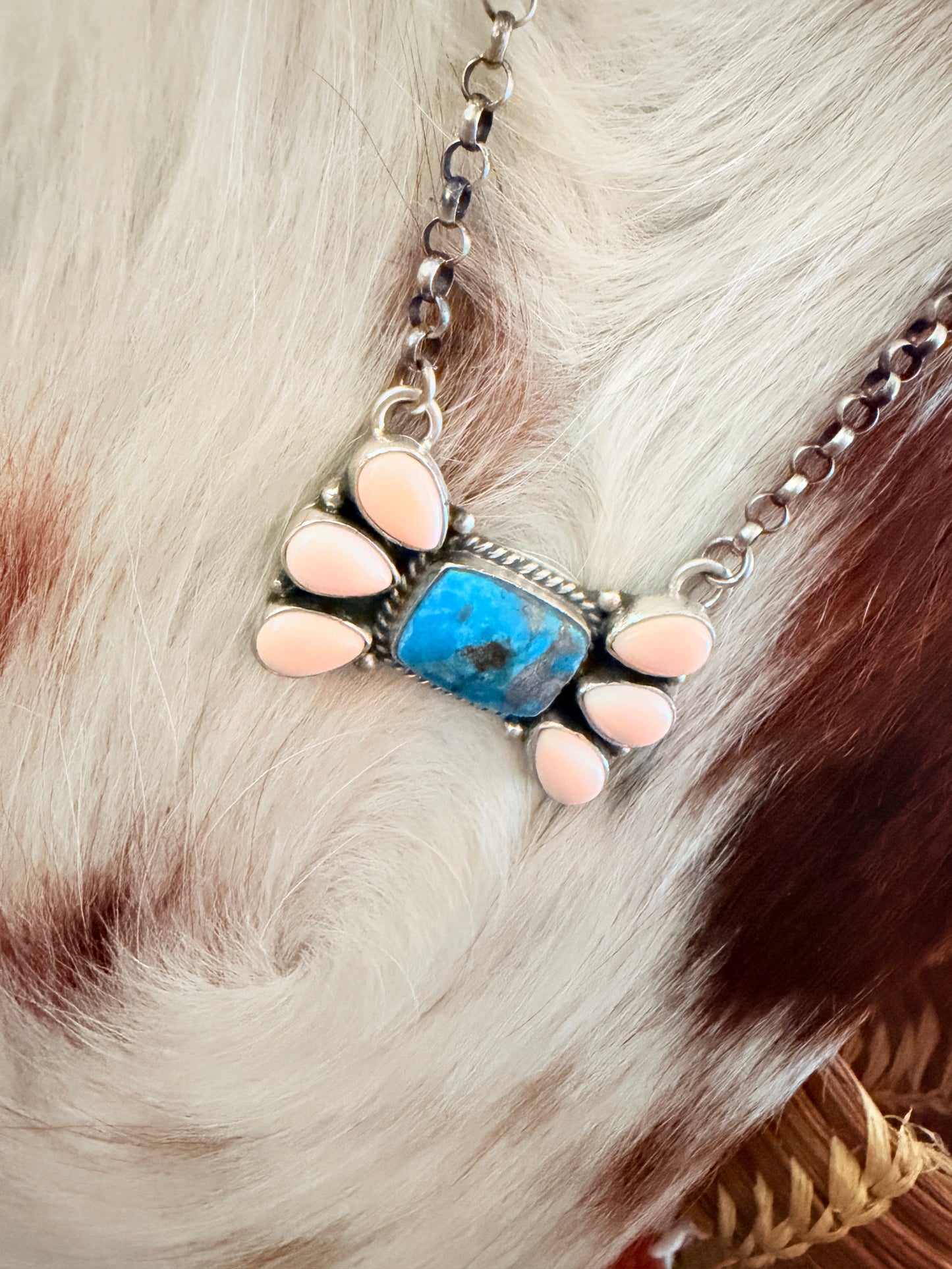 Handcrafted Queen Pink Conch, Turquoise & Sterling Silver Necklace