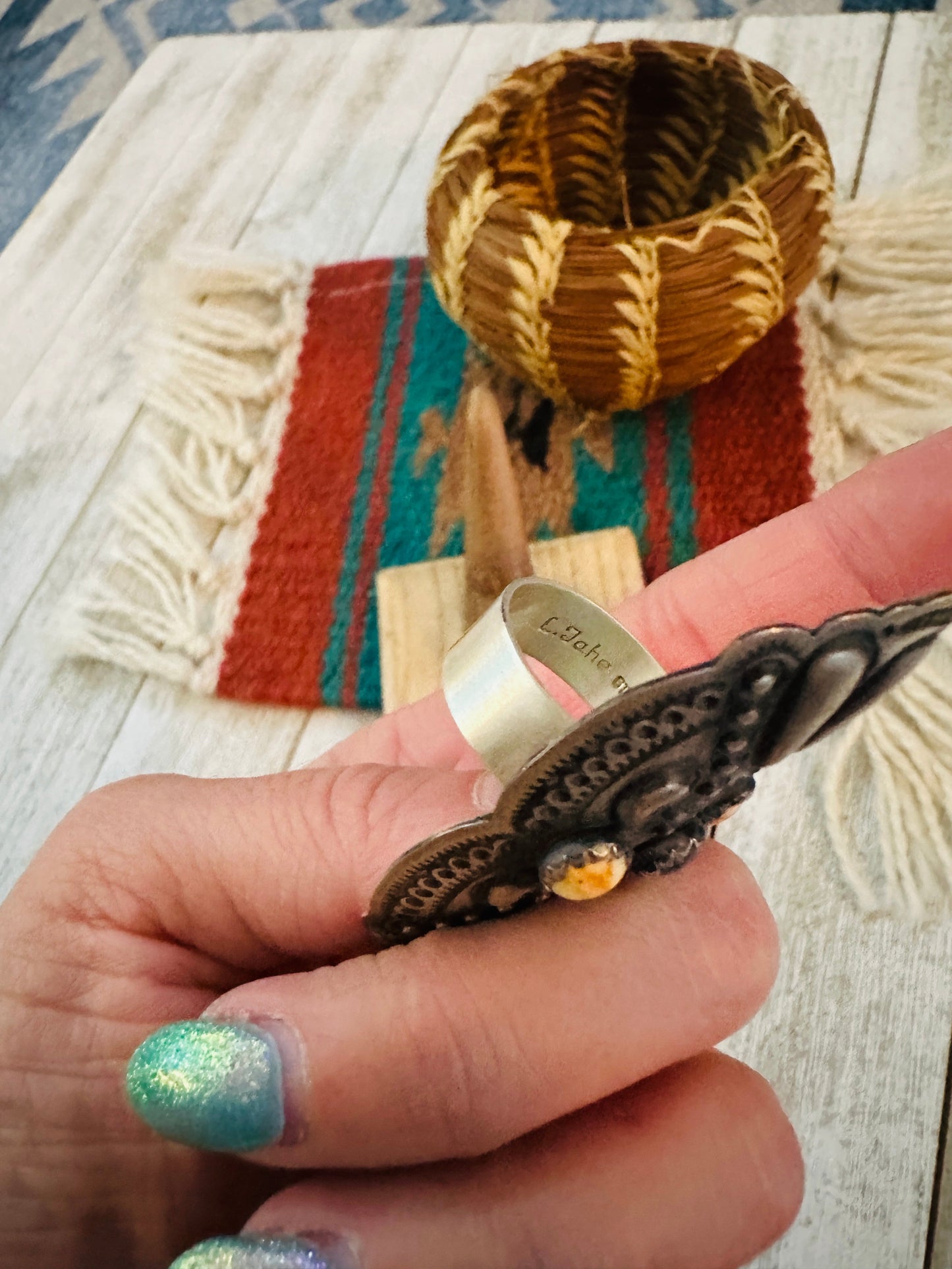 Handcrafted Spiny Oyster & Sterling Silver Adjustable Ring by Leander Tahe