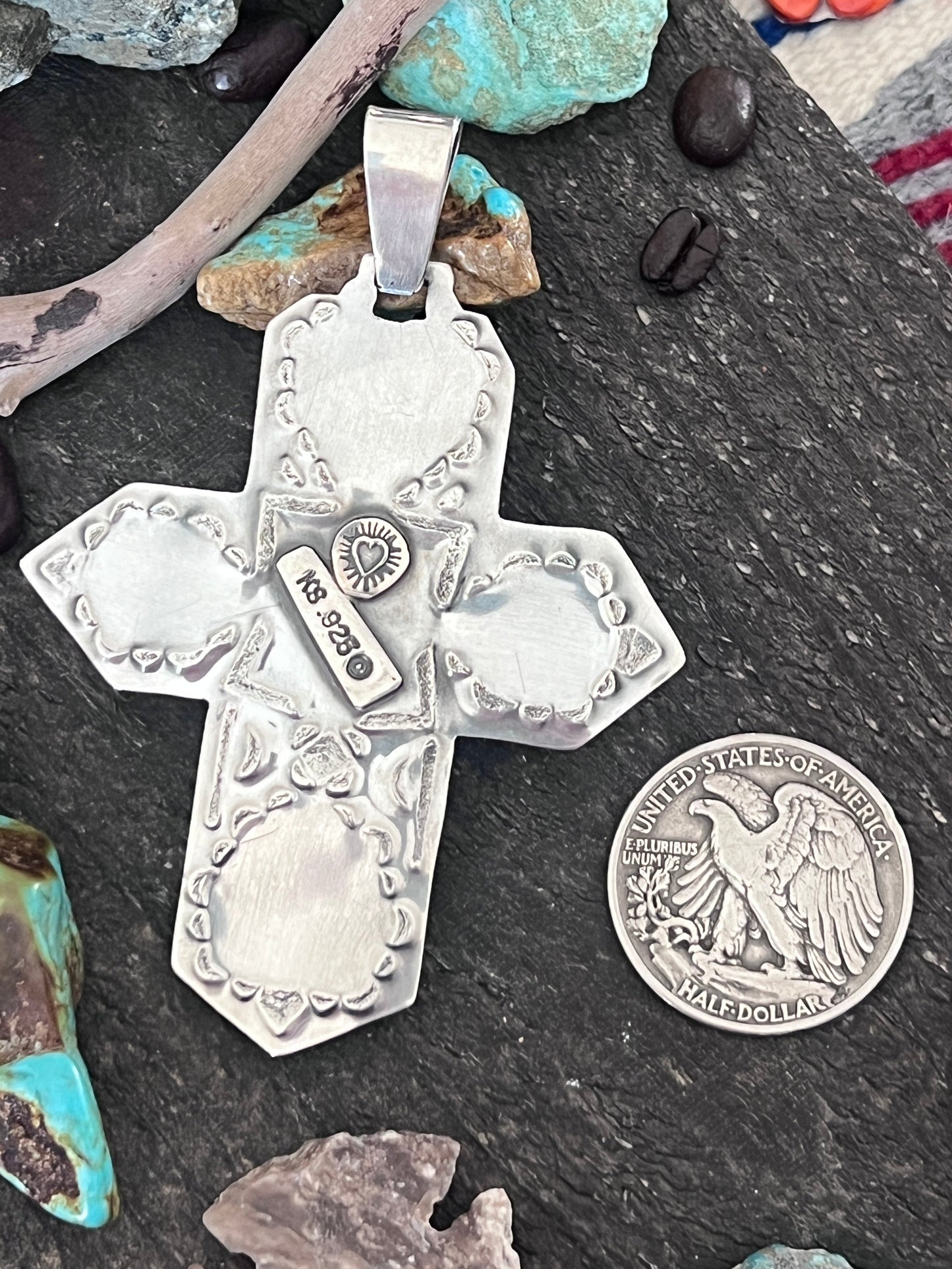 Hand Stamped Sterling Silver, Kingman Turquoise & Spiny Oyster Cross Pendant by Kimari Somers