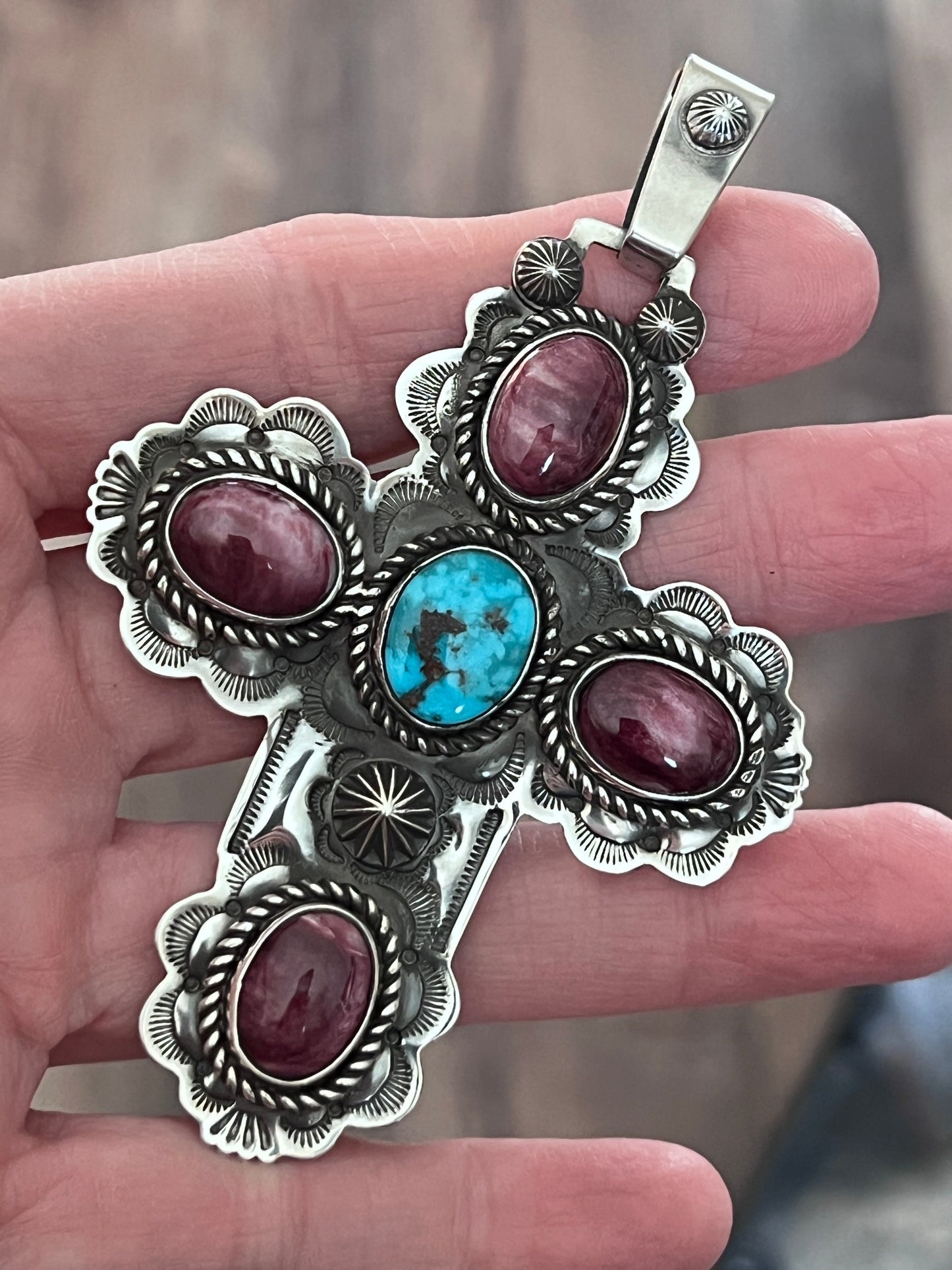 Hand Stamped Sterling Silver, Kingman Turquoise & Purple Spiny Oyster Cross Pendant by Kimari Somers