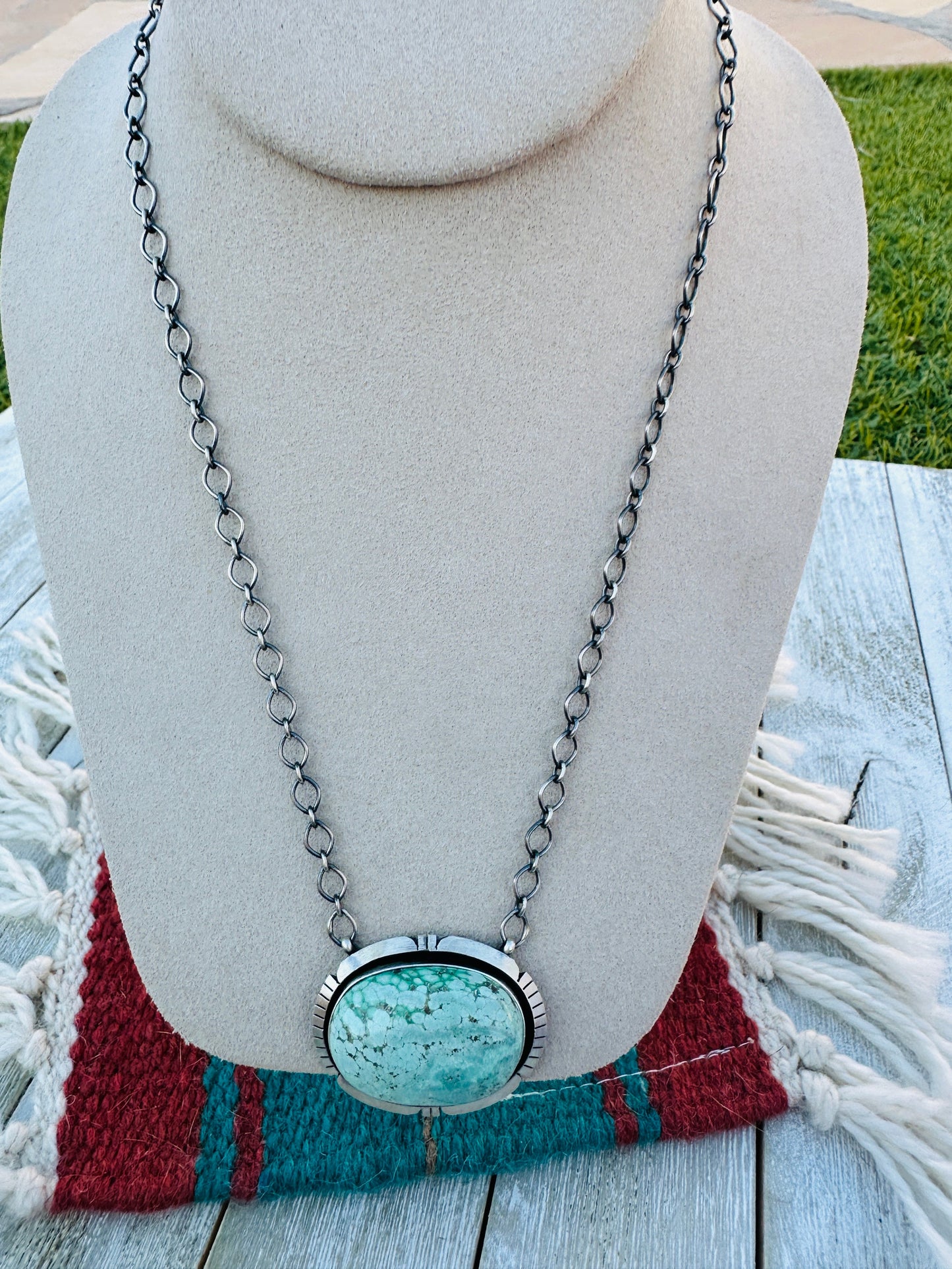 Handcrafted Sterling Silver 18” Link & Turquoise Necklace