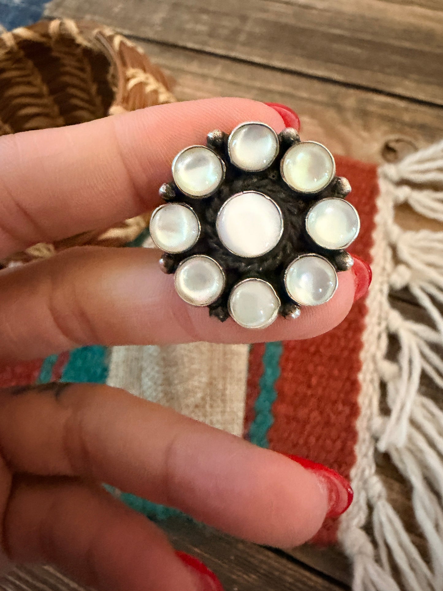 Handcrafted Mother of Pearl & Sterling Silver Cluster Ring Size 8.5
