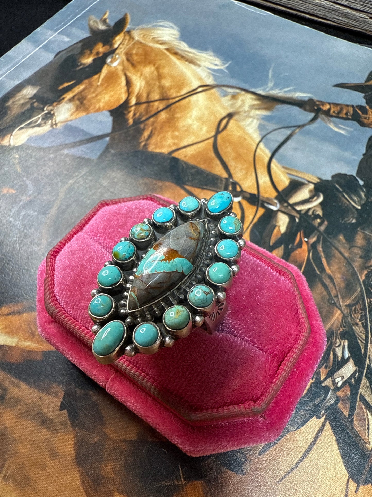 Handmade Sterling Silver, Kingman Turquoise, Ribbon Turquoise Adjustable Ring