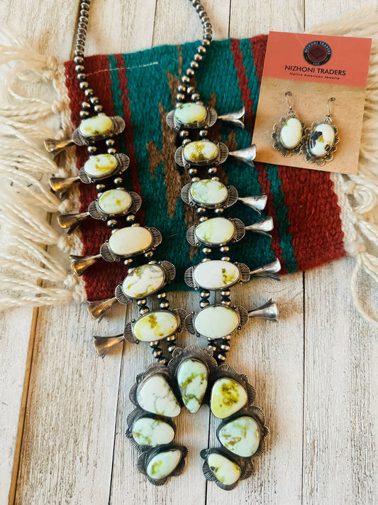 Handcrafted Palomino Variscite Turquoise & Sterling Silver Squash Blossom Necklace Set by Kee Yazzie Jr.