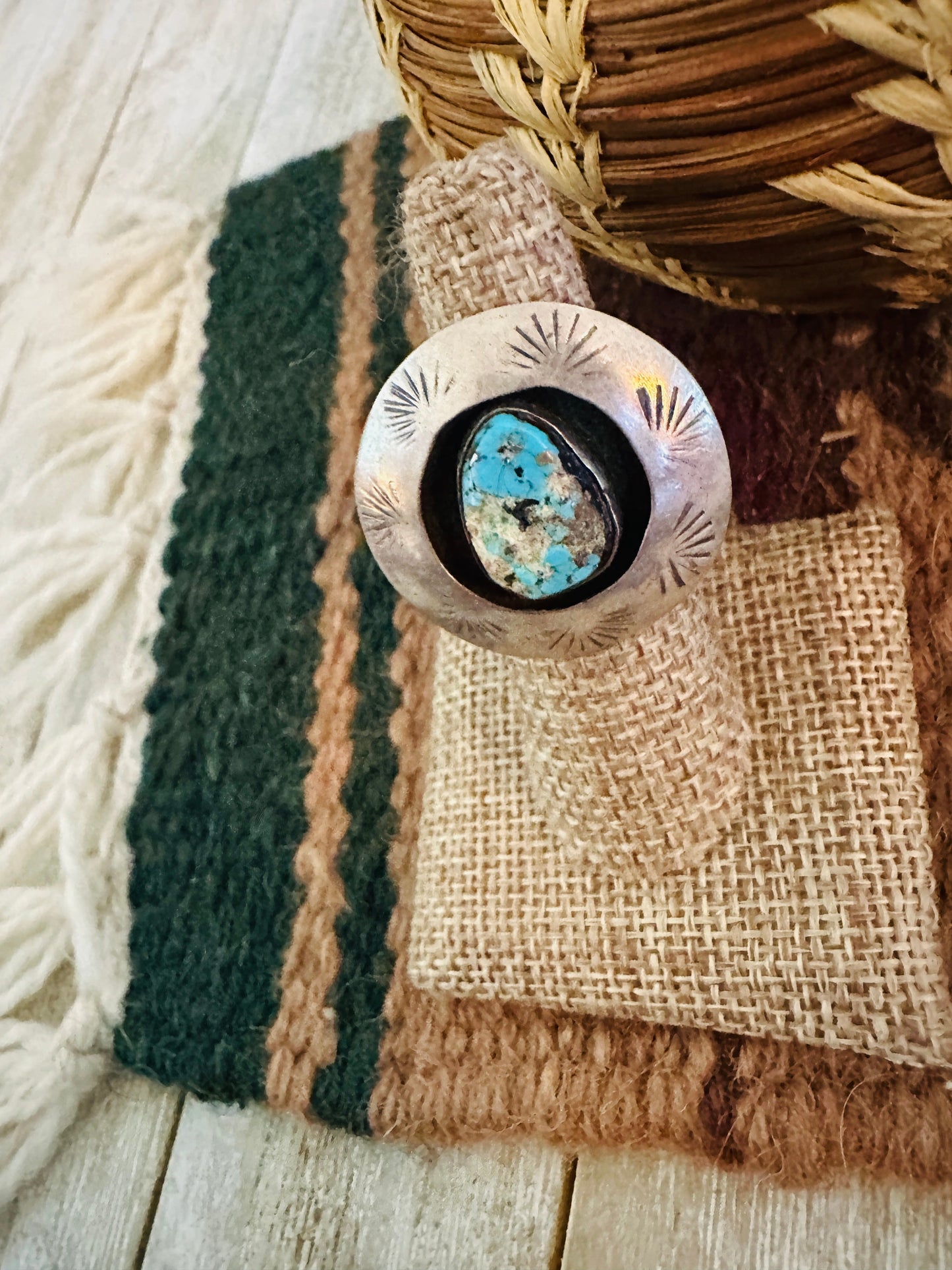 Old Pawn Handcrafted Turquoise & Sterling Silver Shadowbox Ring Size 7