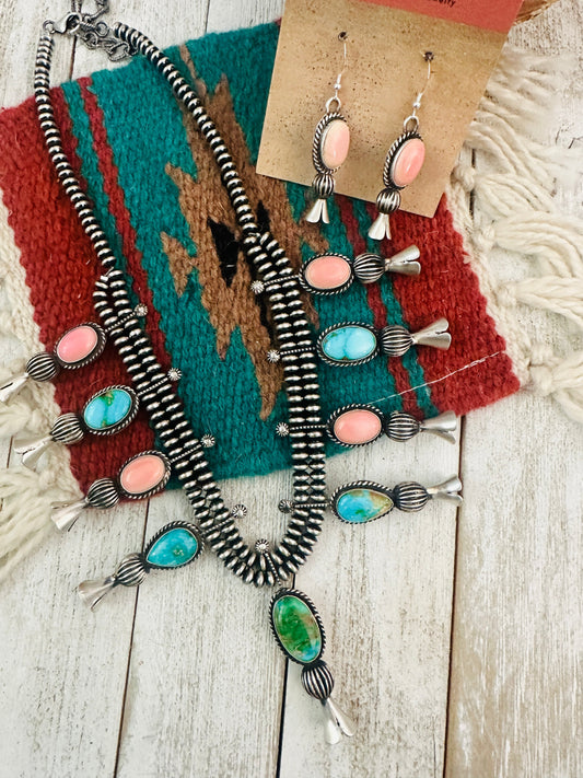 Handcrafted Turquoise, Pink Conch & Sterling Silver Necklace Set by Russell Sam