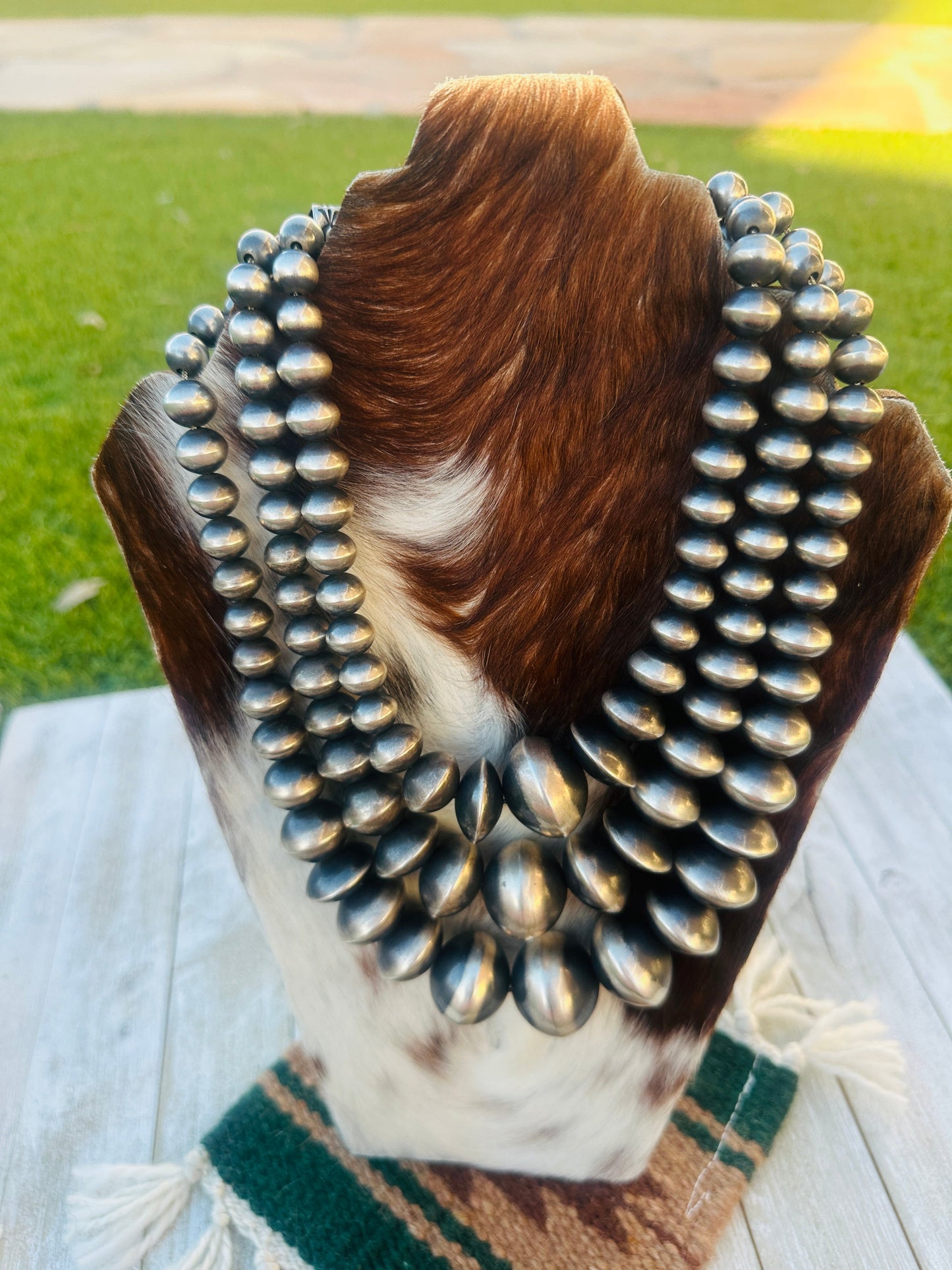 Handcrafted Triple Strand Sterling Silver Pearl Beaded Necklace by Rose Martin