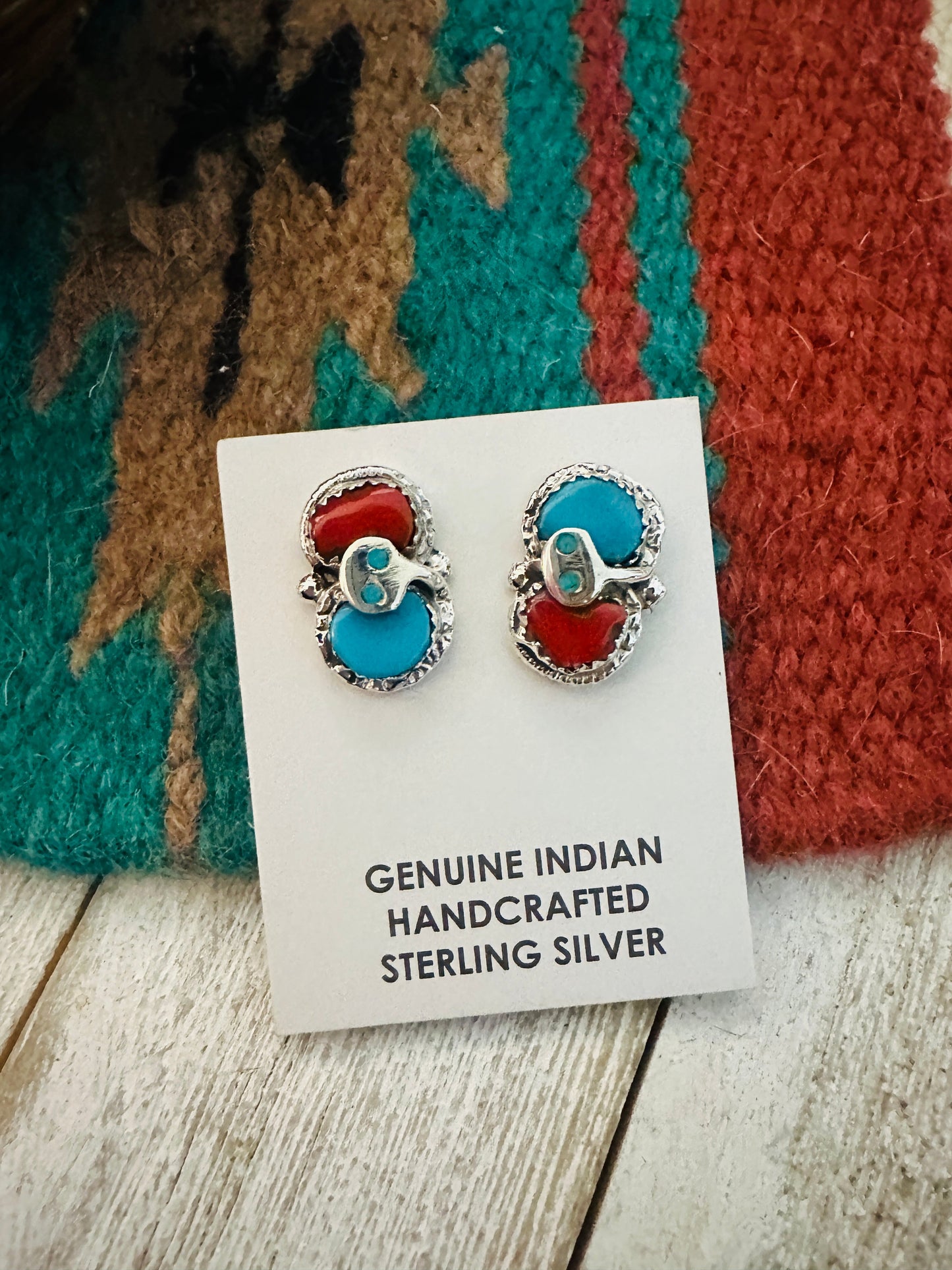 Zuni Sterling Silver, Turquoise & Coral Post Earrings by Effie Calavaza