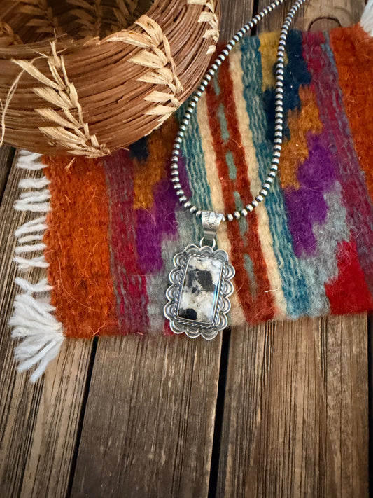 Handcrafted Sterling Silver & White Buffalo Pendant by David Skeets