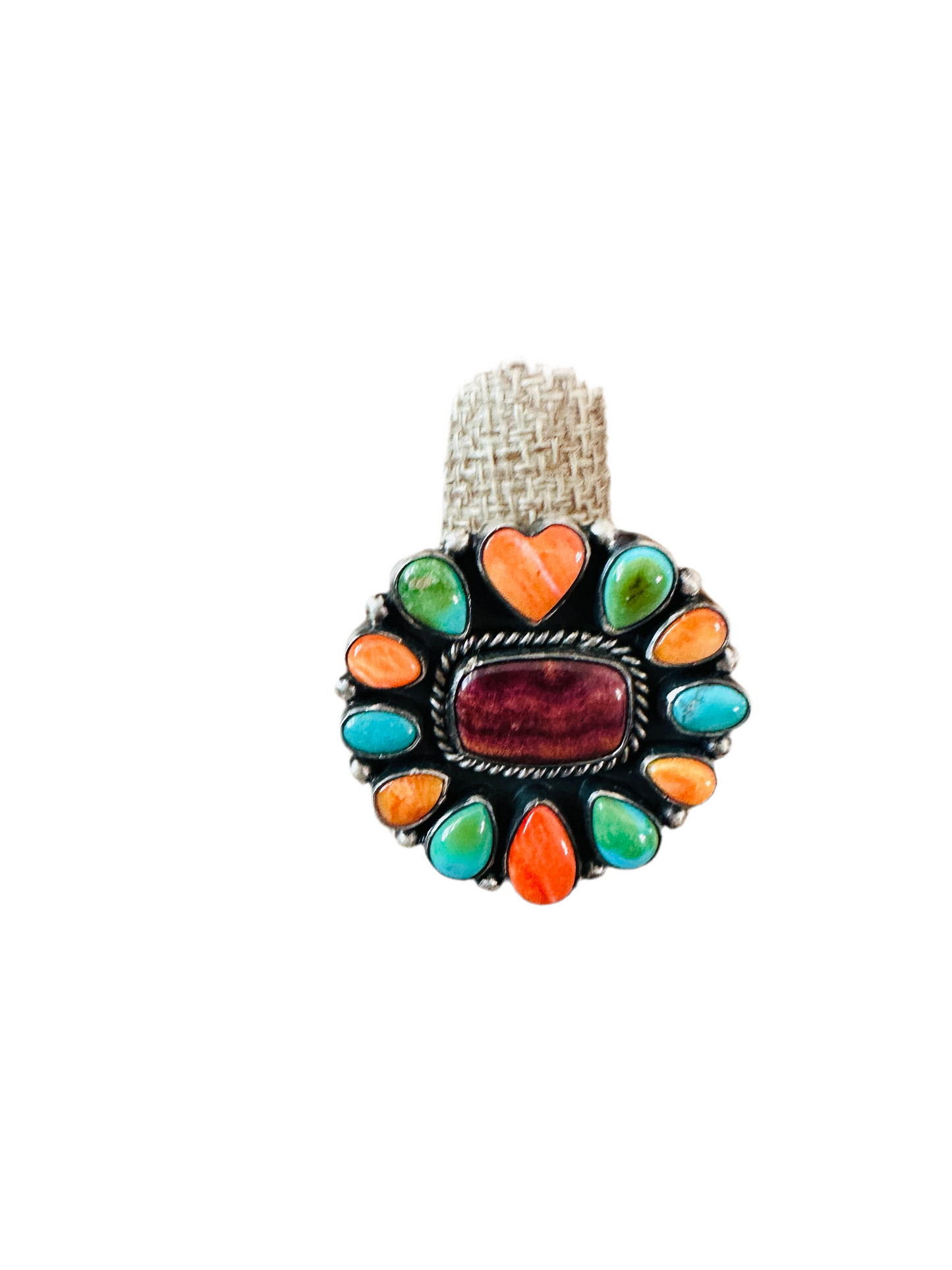 Handcrafted Electric Rainbow Sterling Silver, Turquoise & Spiny Ring by Bernyse Chavez and Angela Martin, Size 9