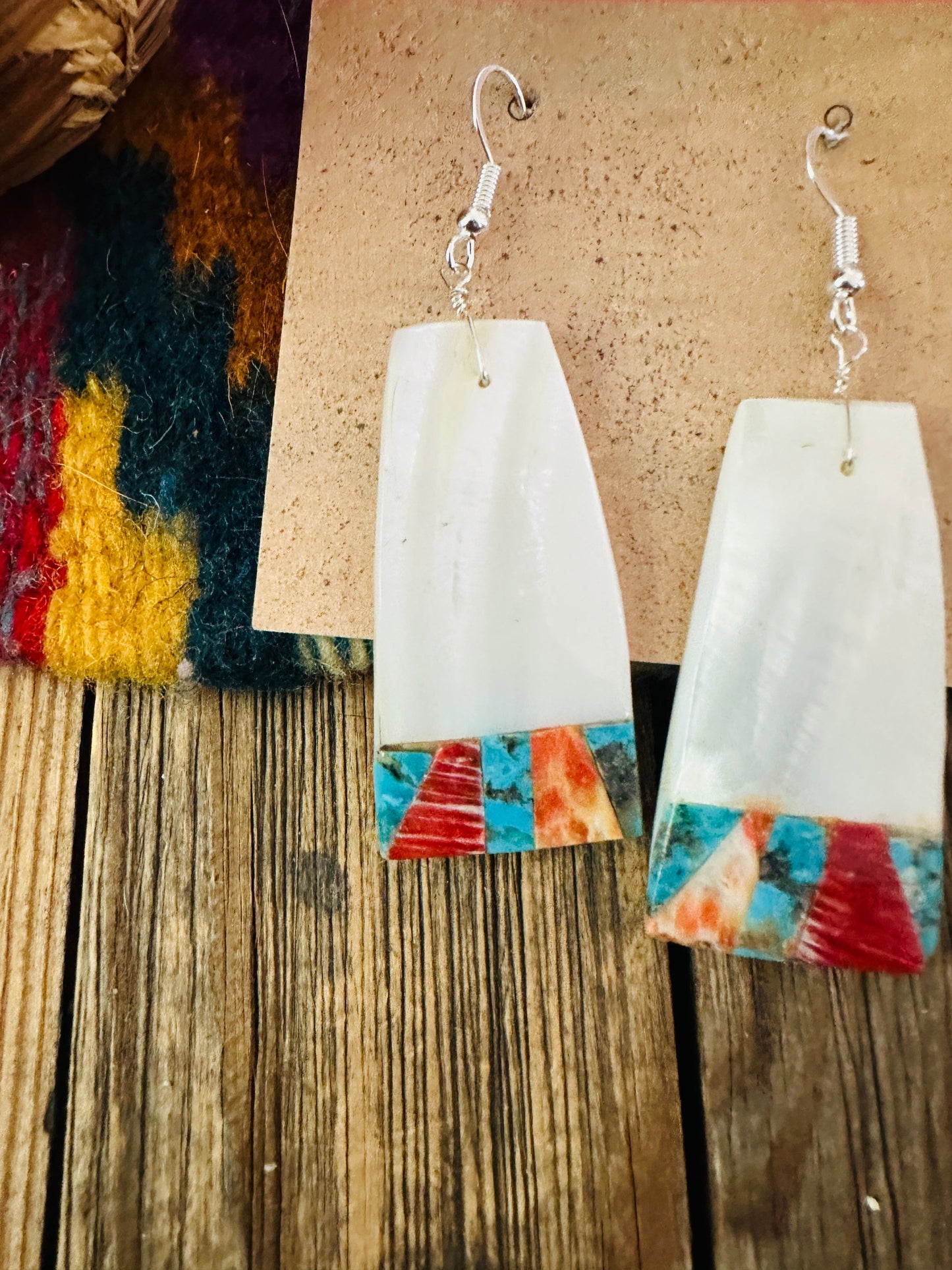 Handcrafted Mother of Pearl, Spiny Oyster, Turquoise Slab Dangle Earrings