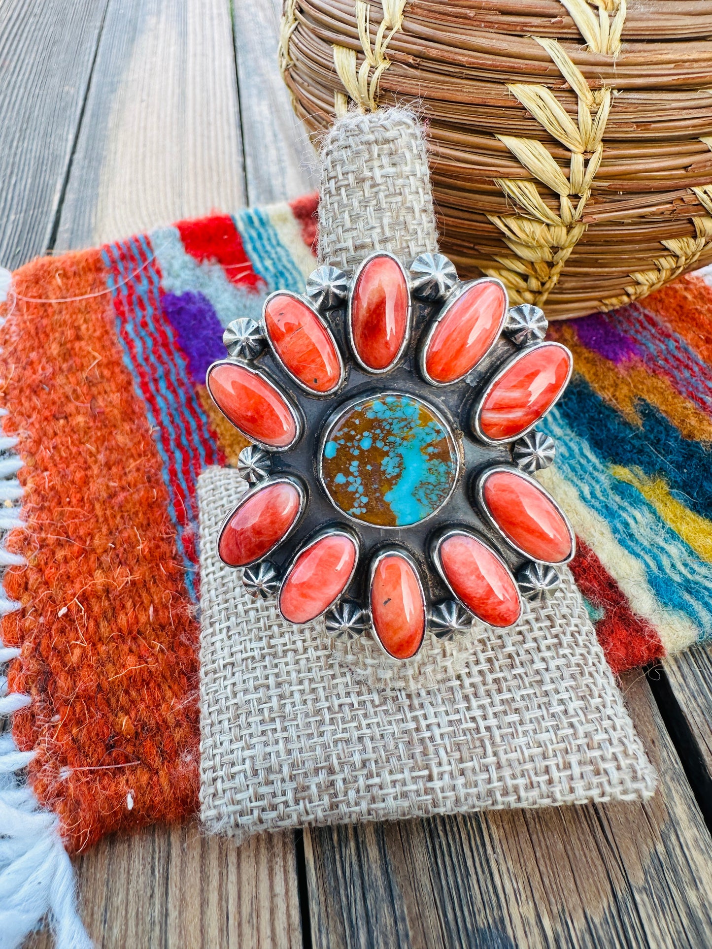 Handcrafted Spiny, Turquoise & Sterling Silver Adjustable Cluster Ring by Jacqueline Silver