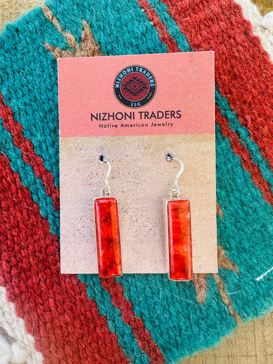 Handcrafted Sterling Silver Apple Coral Rectangle Dangle Earrings