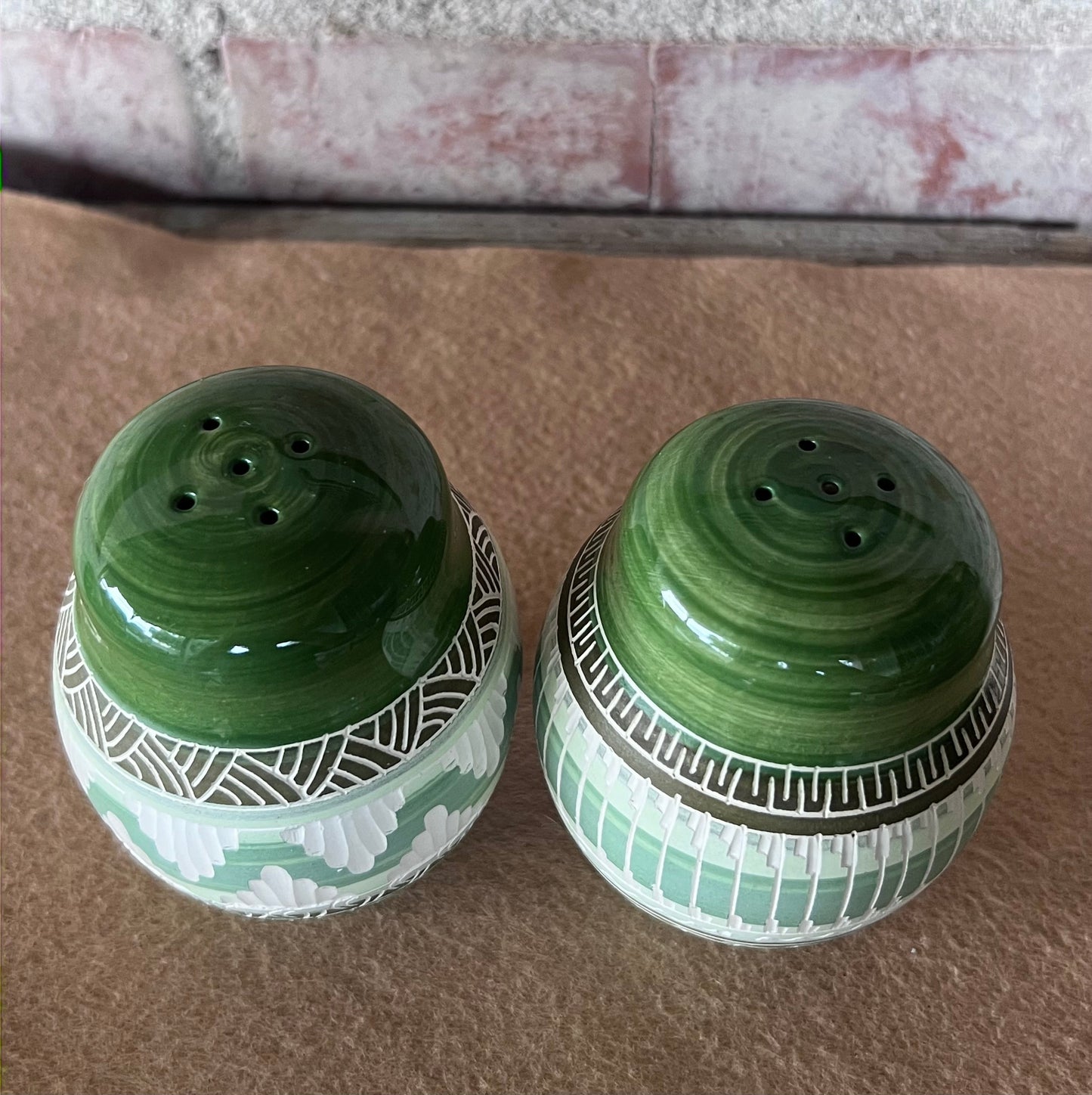 Handcrafted Green Salt & Pepper Shakers “Cassandra King”