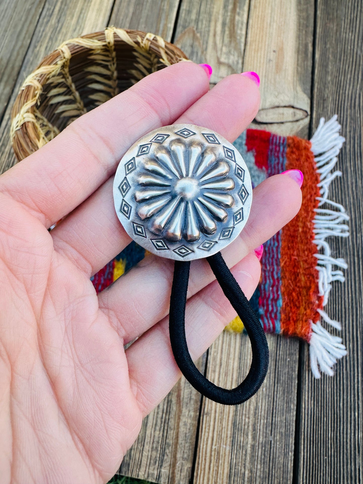 Handcrafted Sterling Silver Concho Hair Tieo