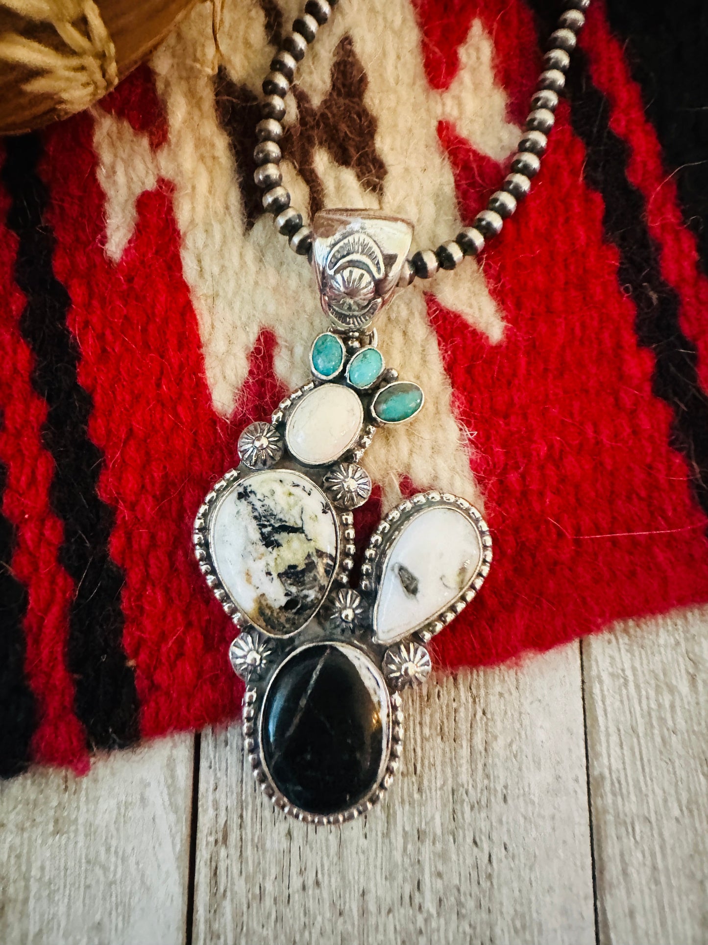 Handcrafted Sterling Silver, White Buffalo & Turquoise Cactus Pendant