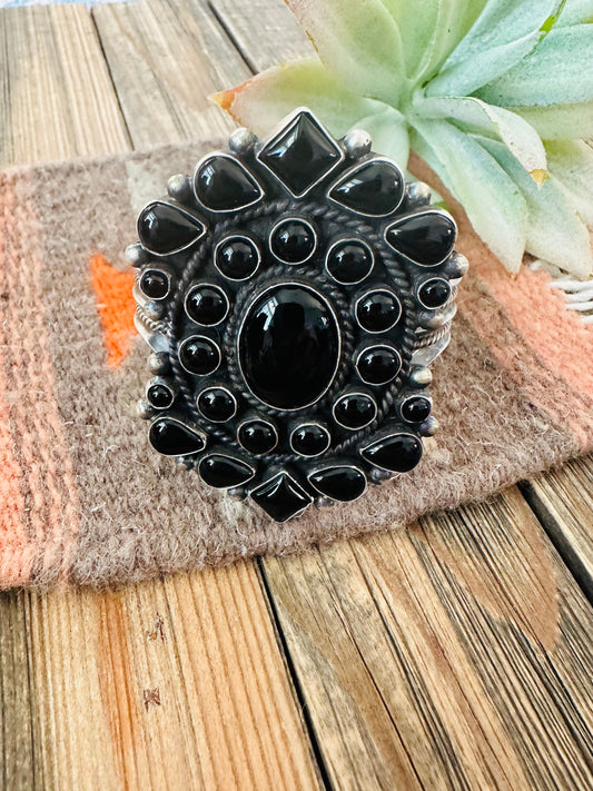 Black Onyx & Sterling Silver Cluster Cuff Bracelet /