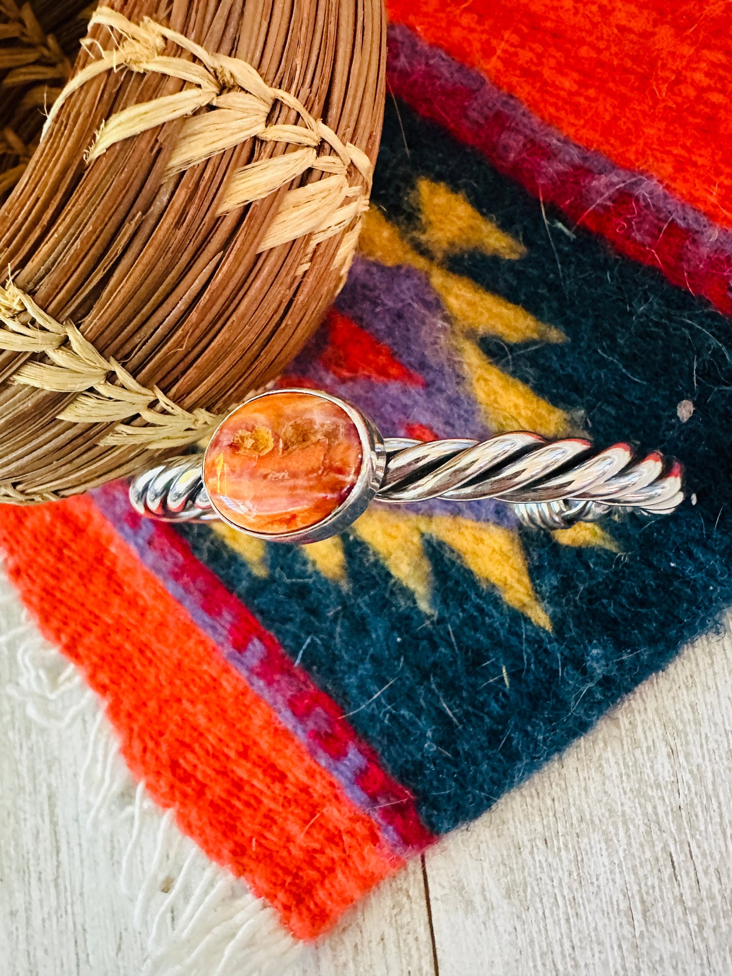 Handcrafted Twisted Sterling Silver & Orange Spiny Cuff Bracelet