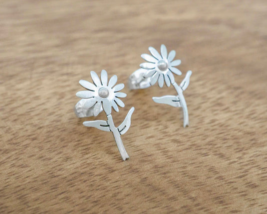 Daisy Flower with Stem Sterling Silver Earrings