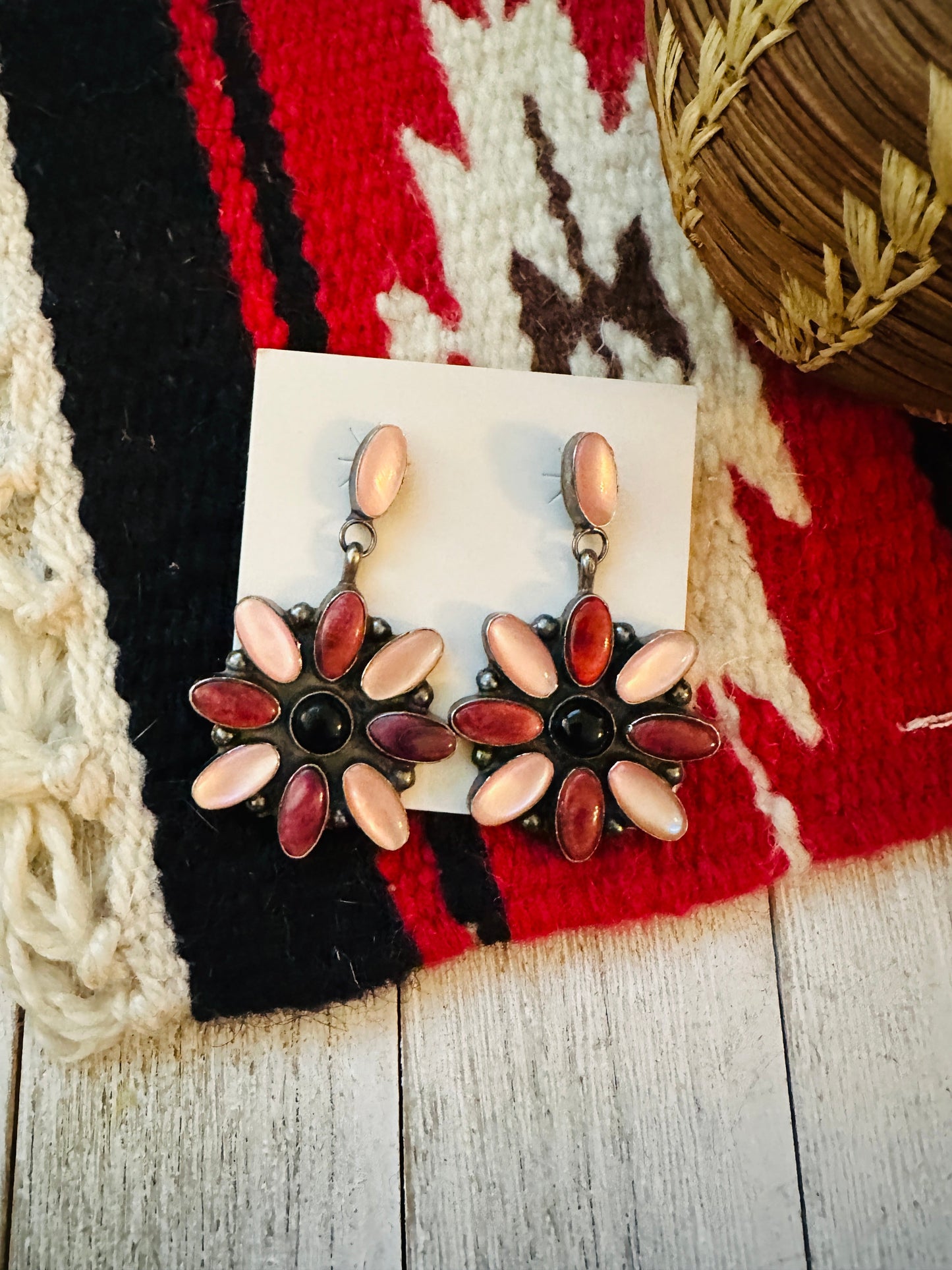 Handcrafted Mother of Pearl, Spiny, Onyx & Sterling Silver Dangle Earrings